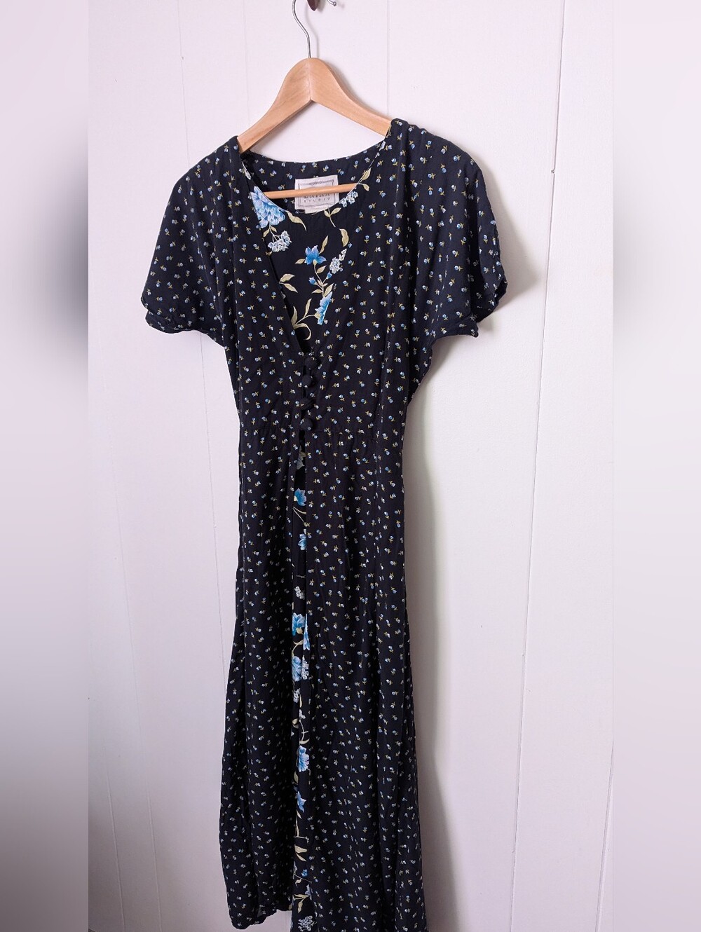 Vintage Black Floral Rayon Maxi Dress With Built In Duster Size S